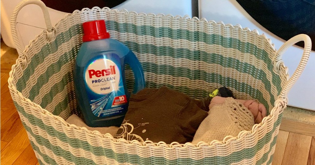 laundry detergent in a basket with clean clothes