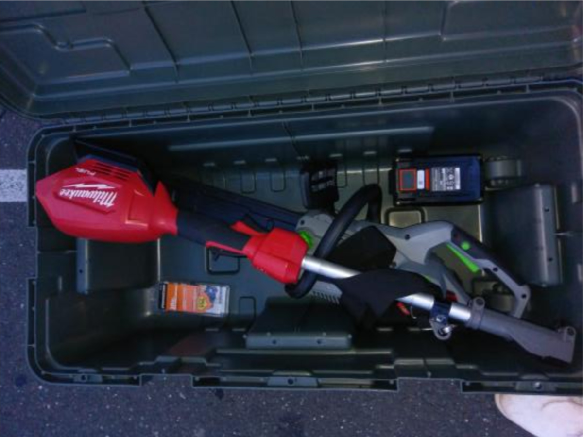 green trunk opened to real Milwaukee yard tool