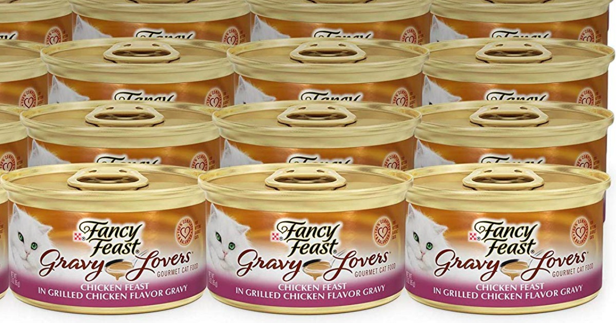 Purina Fancy Feast Wet Canned Food shown in rows of cans