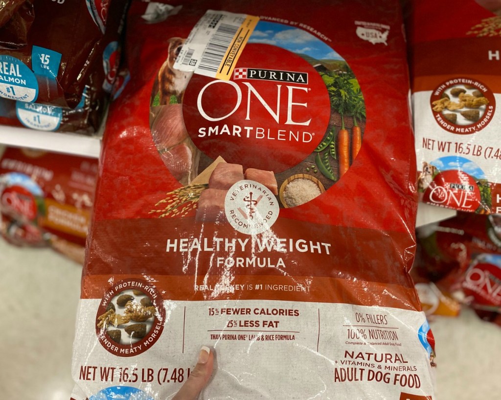 Purina brand dog food in medium bag on shelf in-store