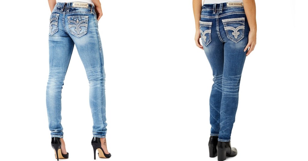 women modeling Rock Revival Light and Dark Jeans