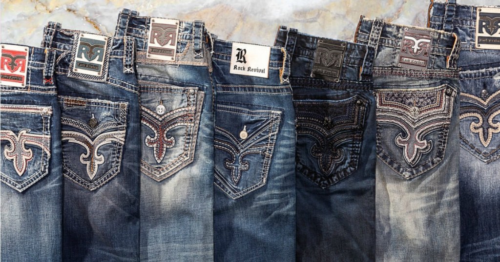 Rock revival Jeans stacked next to each other