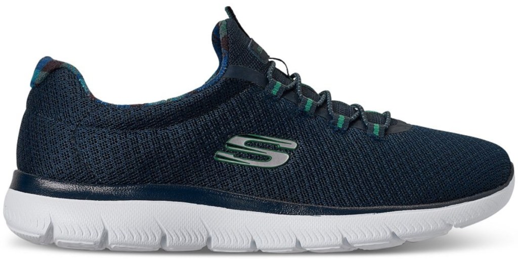 skechers blue walking shoes with logo on side and white soles