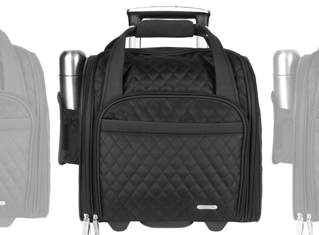 Front view of a wheeled carry on bag from The home depot