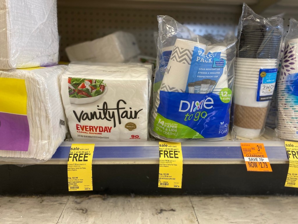 Vanity Fair Napkins and Dixie Cups on Walgreens Shelf