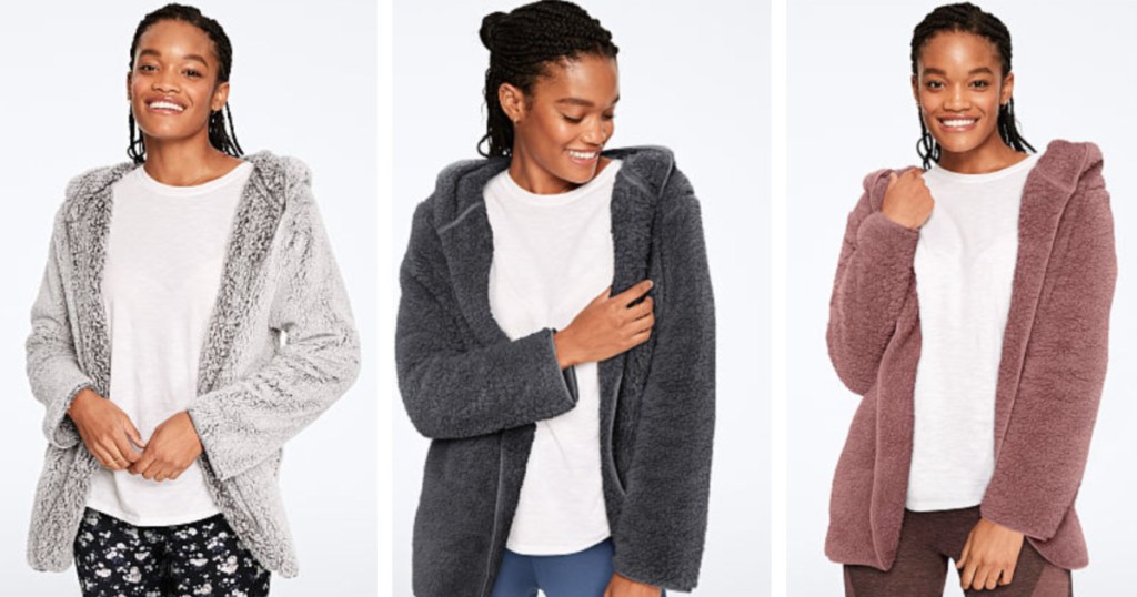 three women wearing Victoria's Secret Sherpa Cardigan