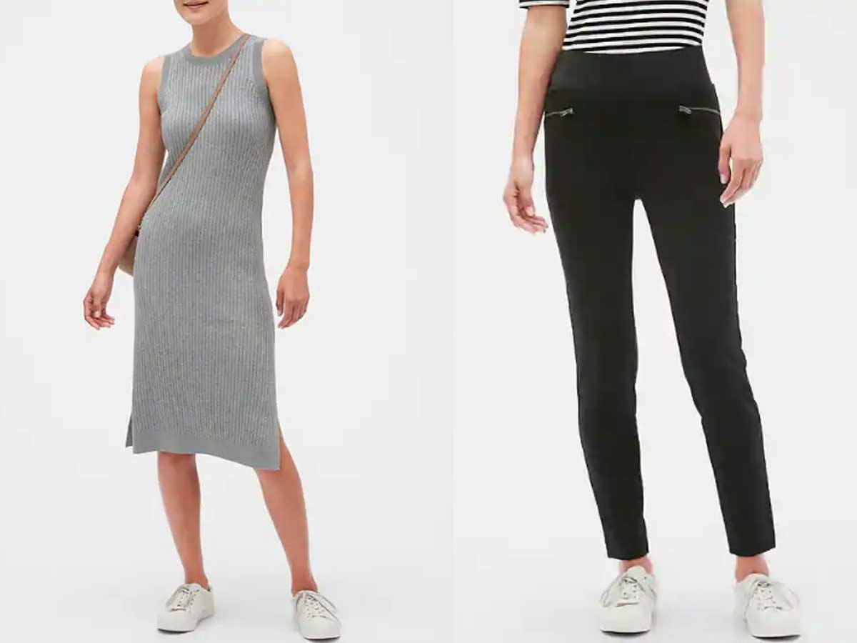 women models wearing Ribbed Midi Sweater Dress and leggings