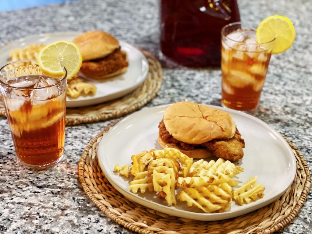 chicken sandwiches, waffle fries, iced tea