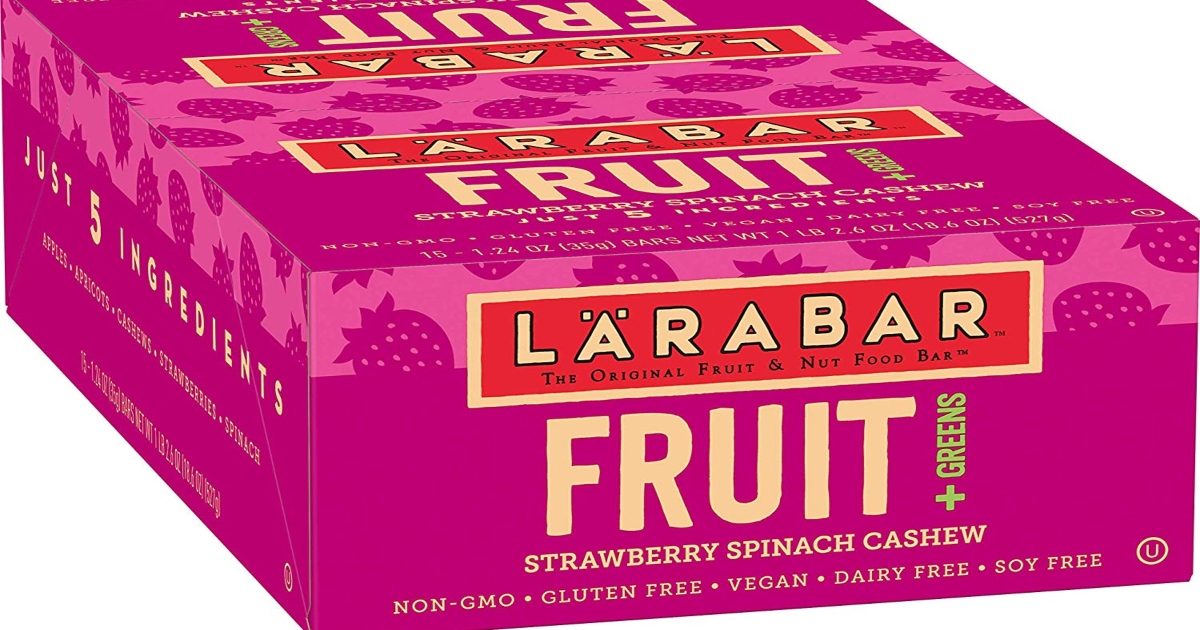 Larabar Fruits and Greens fifteen count box. It is a pink box.