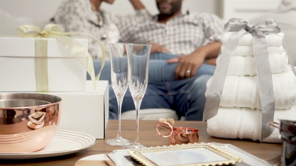 various wedding gifts sitting on coffee table