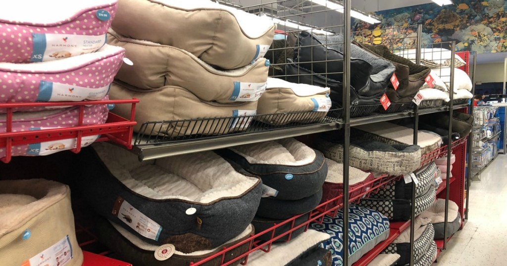 racks of pet beds in-store