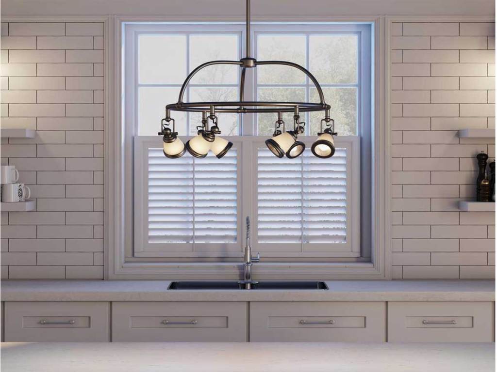 Hampton Bay 6-Light Antique Pewter Chandelier with Frosted Glass Shades in a kitchen