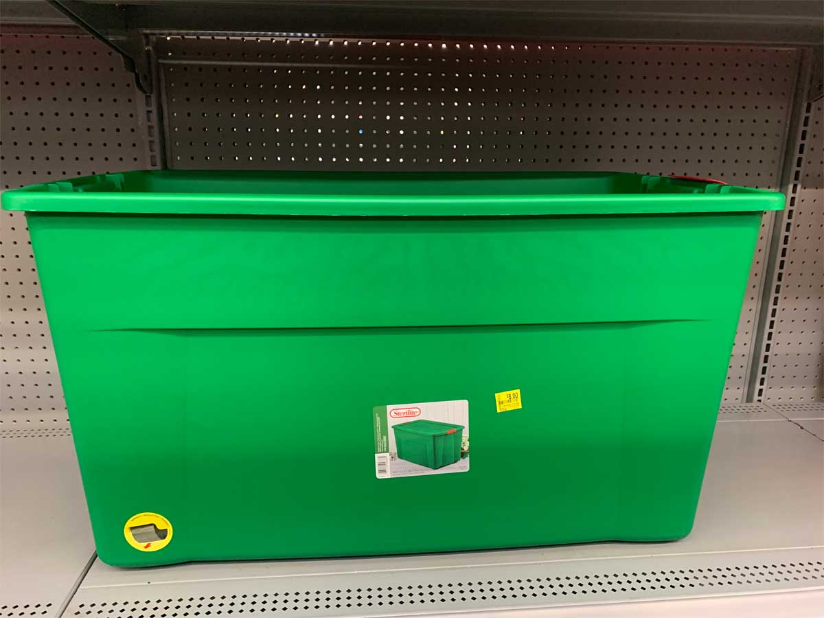 sterilite wheeled green 45 gallon christmas tote on shelf in store