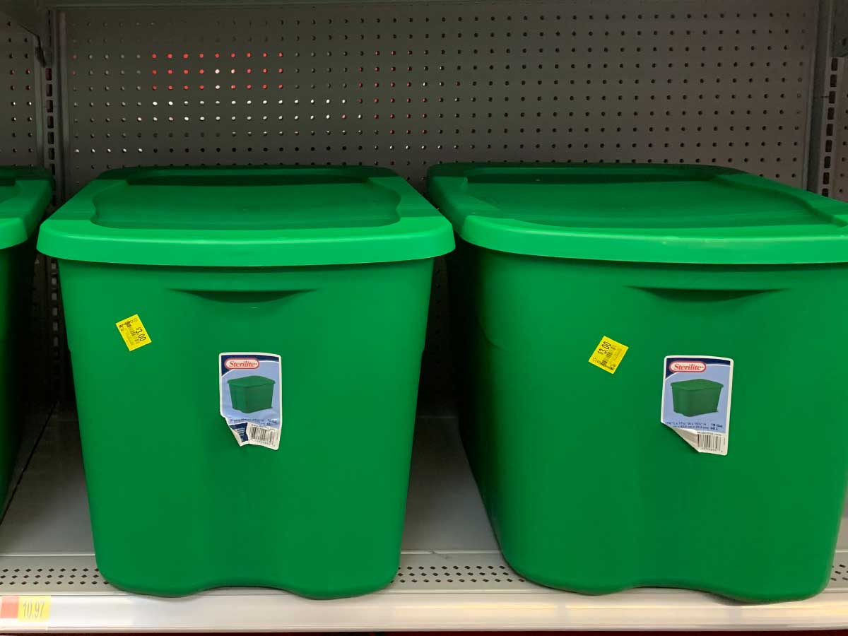 Sterilite Gallon Totes in elf green on shelf in store