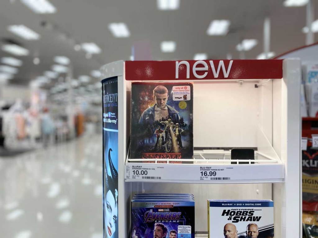 Stranger Things Seasons 1 & 2 DVD + Blu-ray, 4K UHD on display in a store