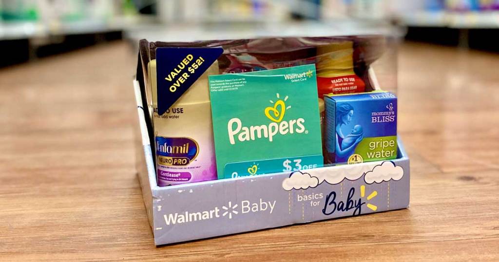 Walmart baby box of basics samples on the floor in a store