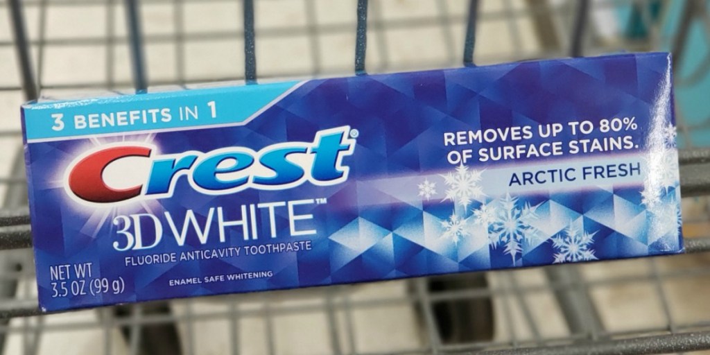 Package of toothpaste in metal cart in-store