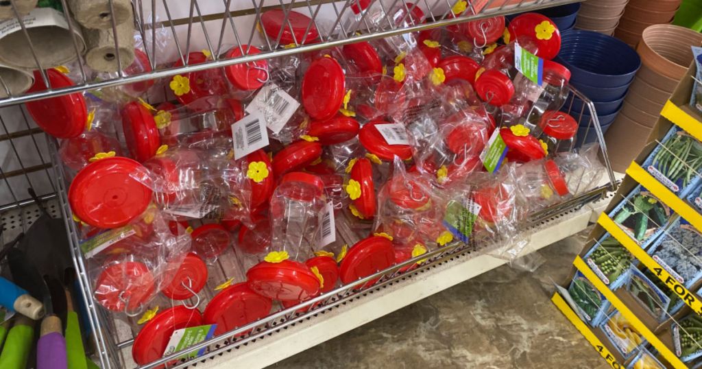 shelf of Dollar Tree Hummingbird Feeder