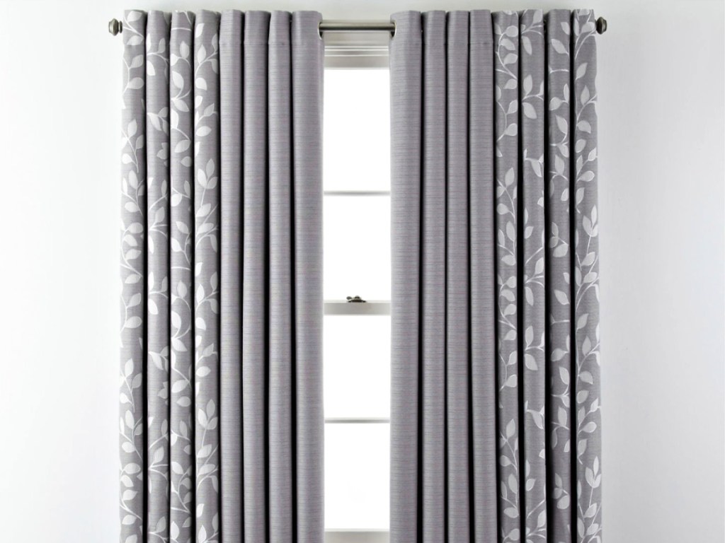 Liz Claiborne Quinn Basketweave Room-Darkening Grommet Top Single Curtain Panel on window in grey