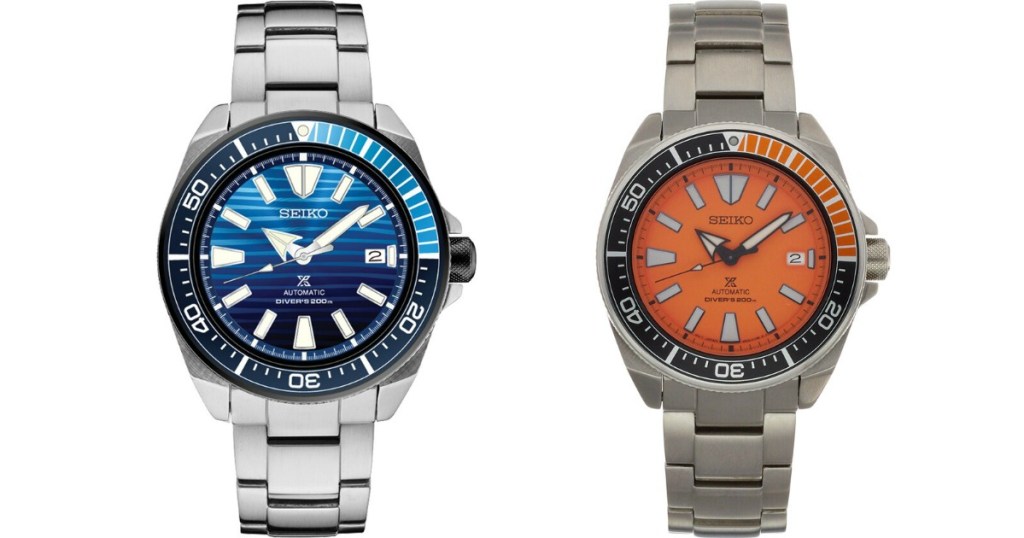 two Seiko watches one with a blue face and one with an orange face