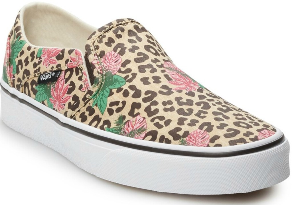 Vans Women's slip on shoes with leopard print and roses