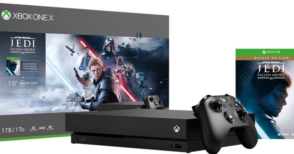 Xbox One X 1TB Star Wars Jedi Fallen Order Bundle box console and game cover