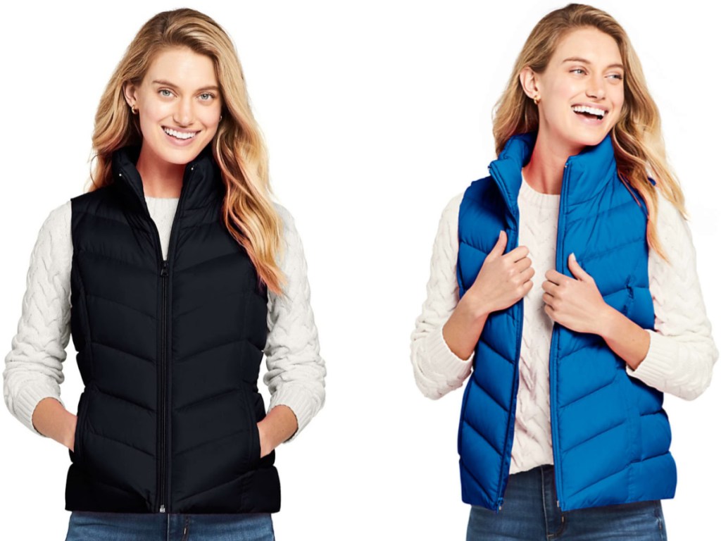 woman wearing black and blue lands end Women's Winter Down Puffer Vest