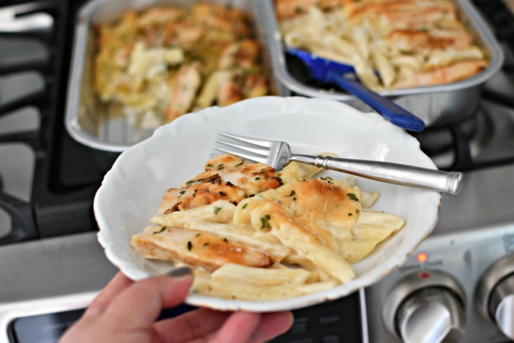 hand holding a white plate with chicken and pasta on it