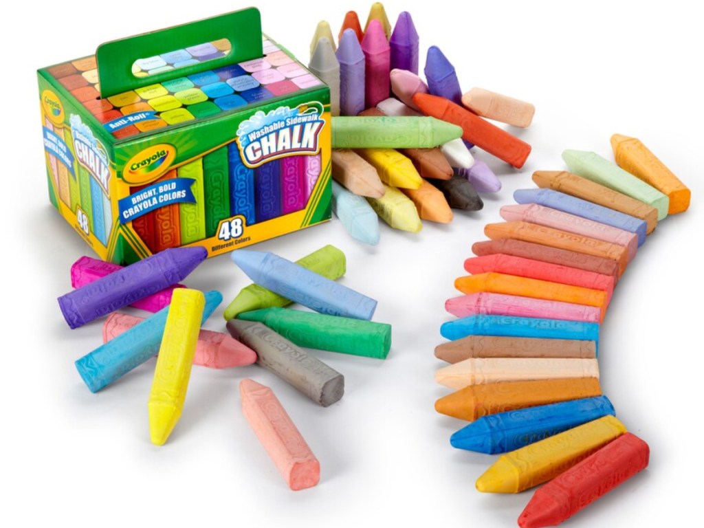 crayola sidewalk chalk box and chalk strewn about