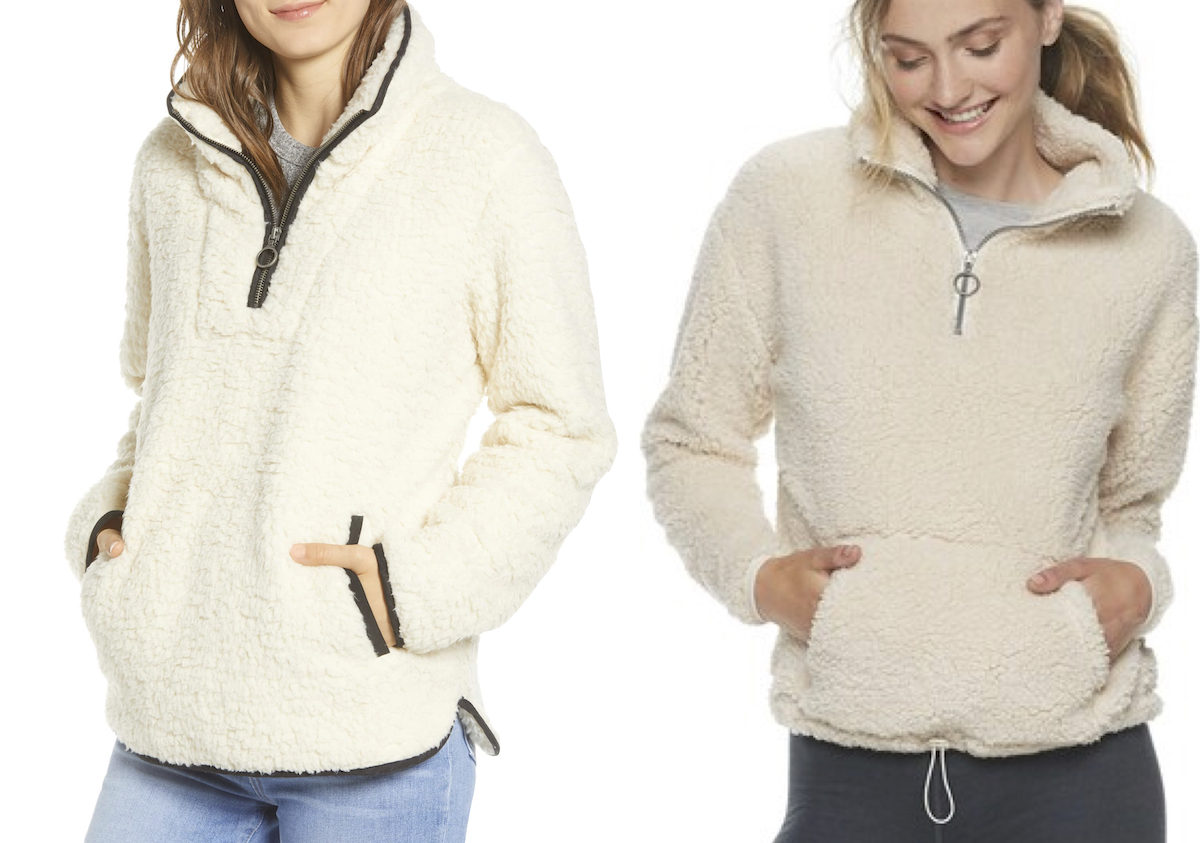 two stock photos of woman wearing similar cream fleece pullover sweatshirts