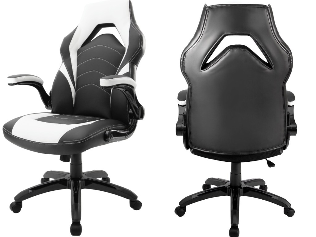 side and back view of white and black gaming chair