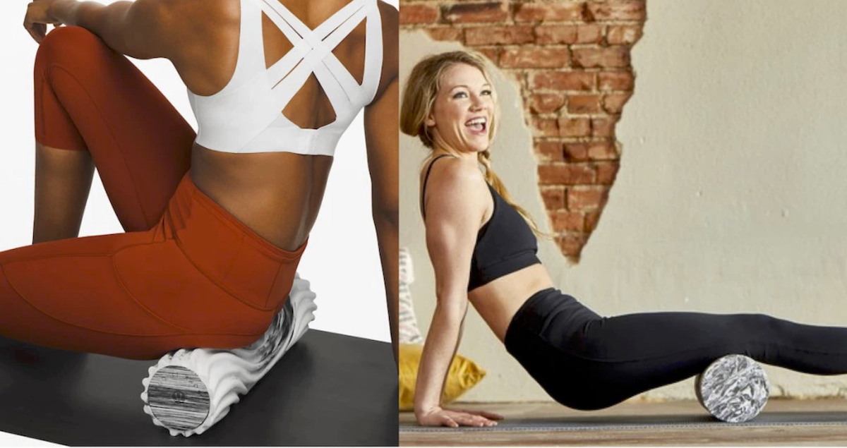 lululemon foam roller next to gaiam foam marble roller