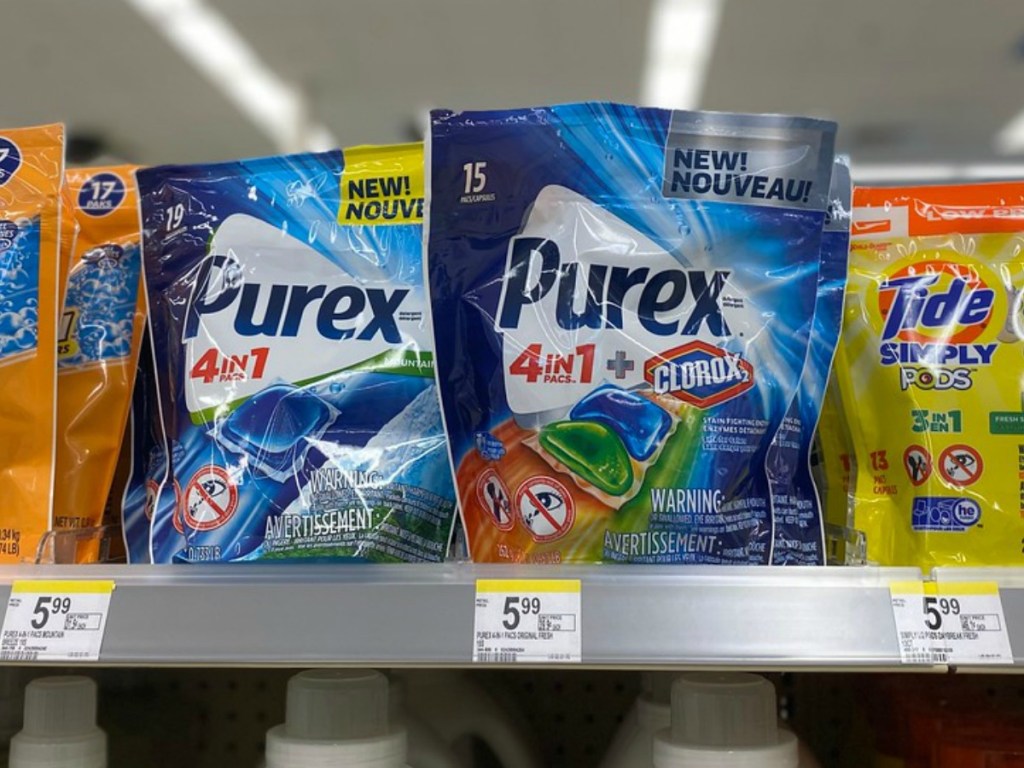 store shelf with laundry detergent on it