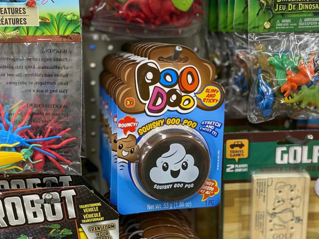 store display with toys including a squishy poo toy