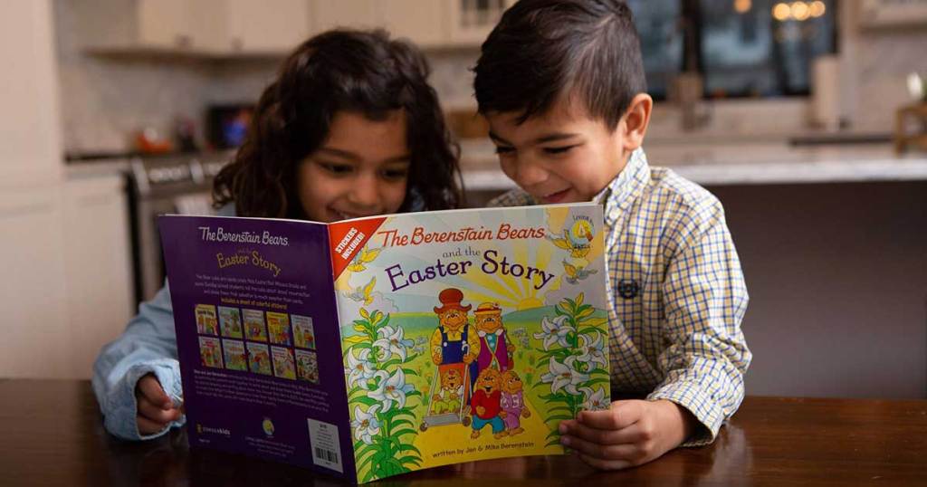 boy and girl reading The Berenstain Bears and the Easter Story: Stickers Included