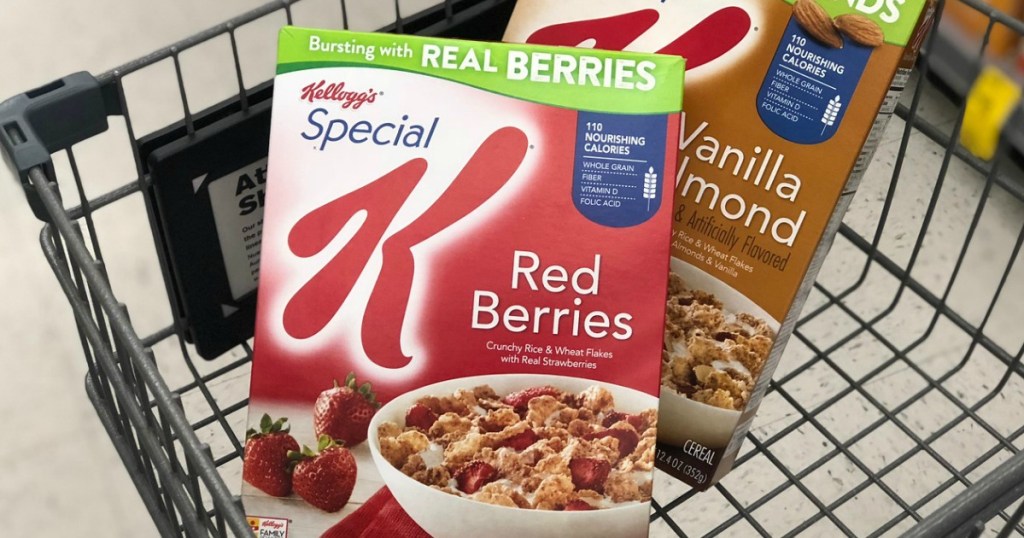 cereal in a store shopping cart