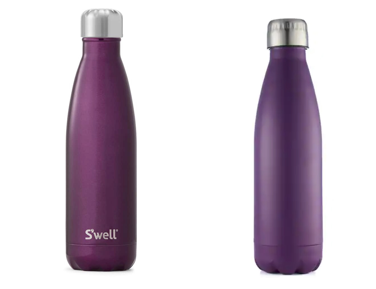 two stock photos side by side of purple water bottles