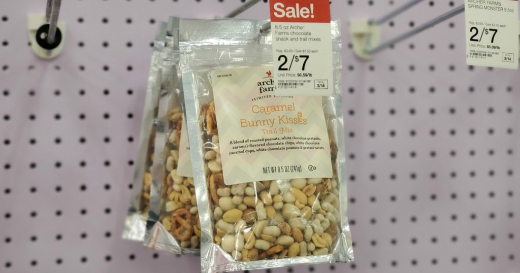 Archer Farms Caramel Bunny Kisses Trail Mix and a sale sign