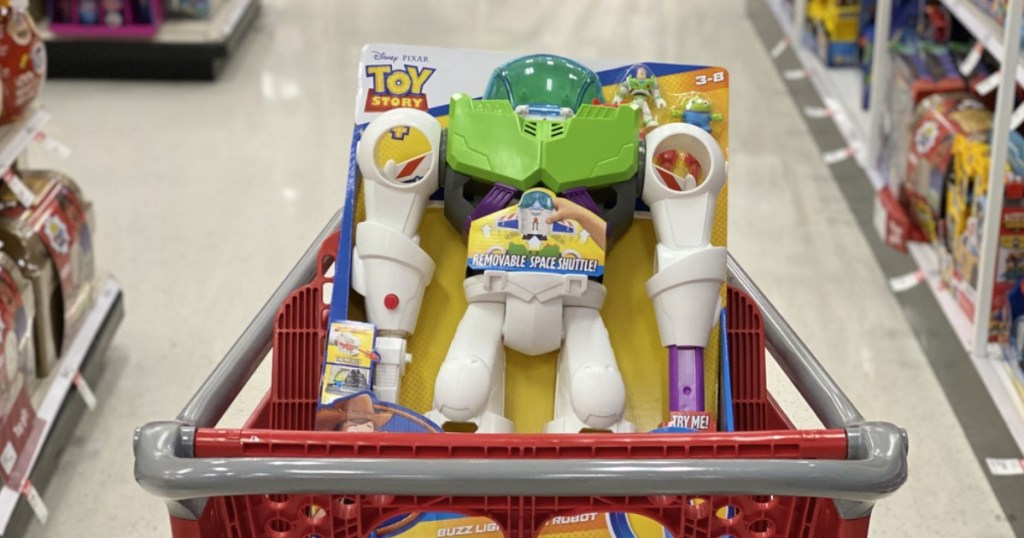 robot movie character toy in cart in store aisle