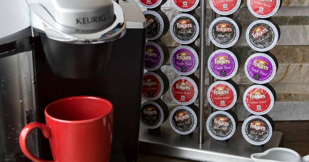 Folgers Black Silk Cups next to Keurig