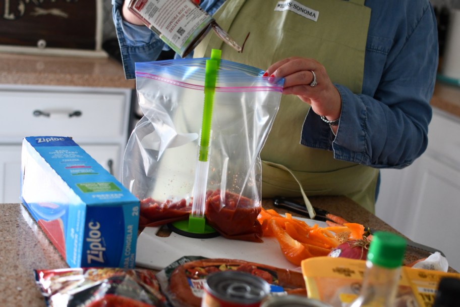 woman filling a baggy rack