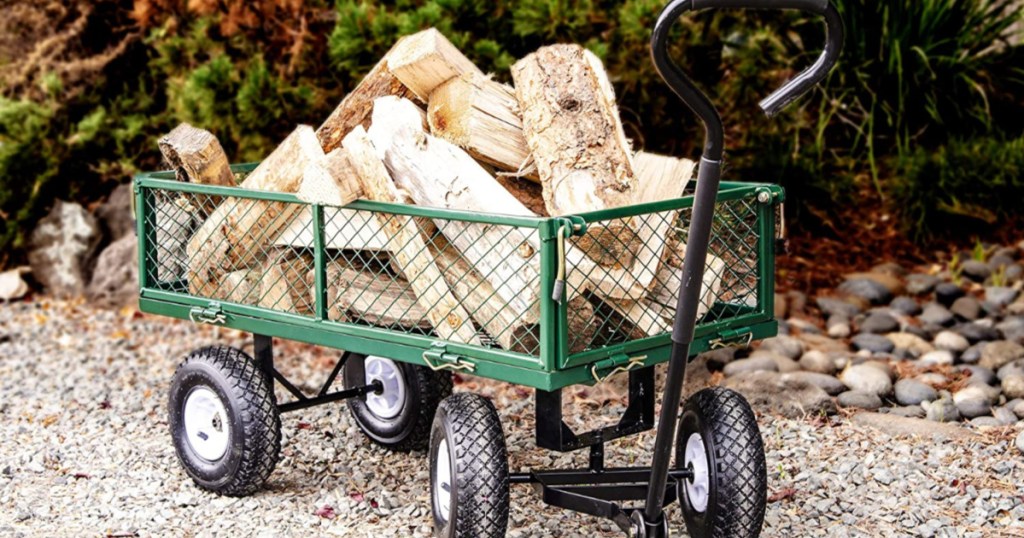 green bond garden cart with wood inside