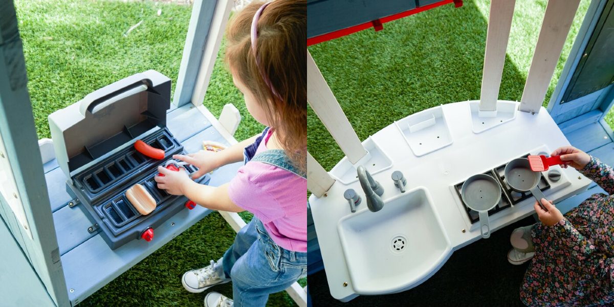 young girls playing in toy kitchen and with toy grill outside