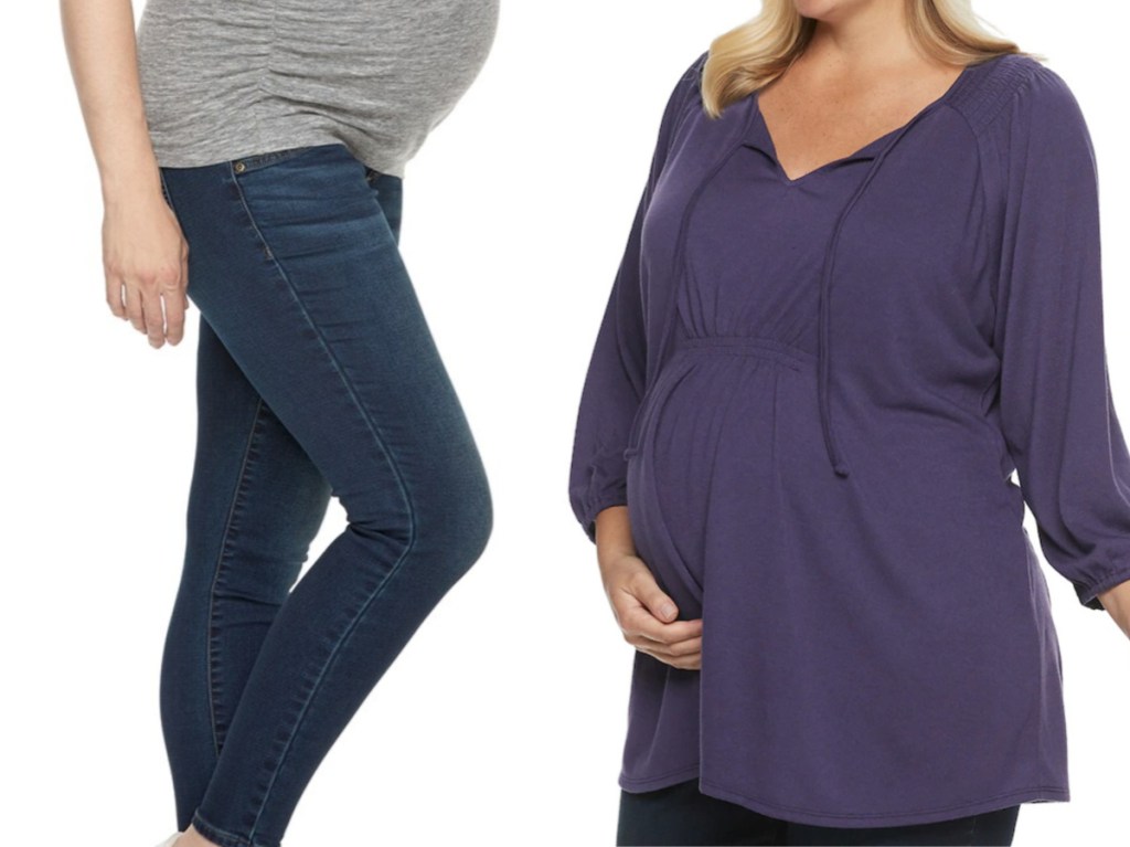 pregnant woman in jeans and grey top and pregnant women in long purple top