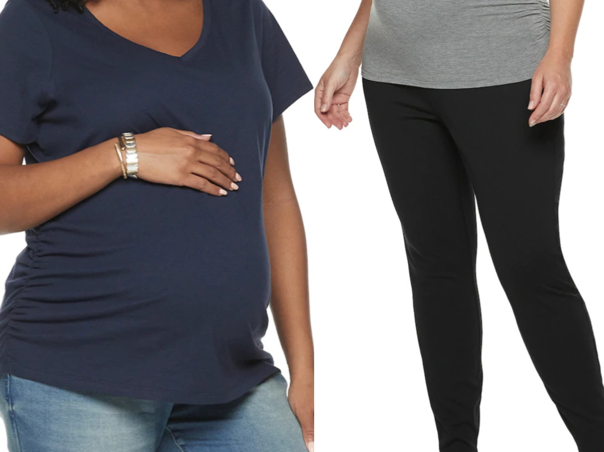 pregnant woman in jeans and blue top and pregnant woman in black leggings and grey top