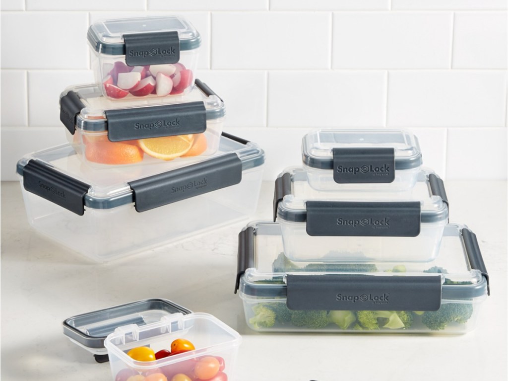 fruits and veggies in food storage containers on counter