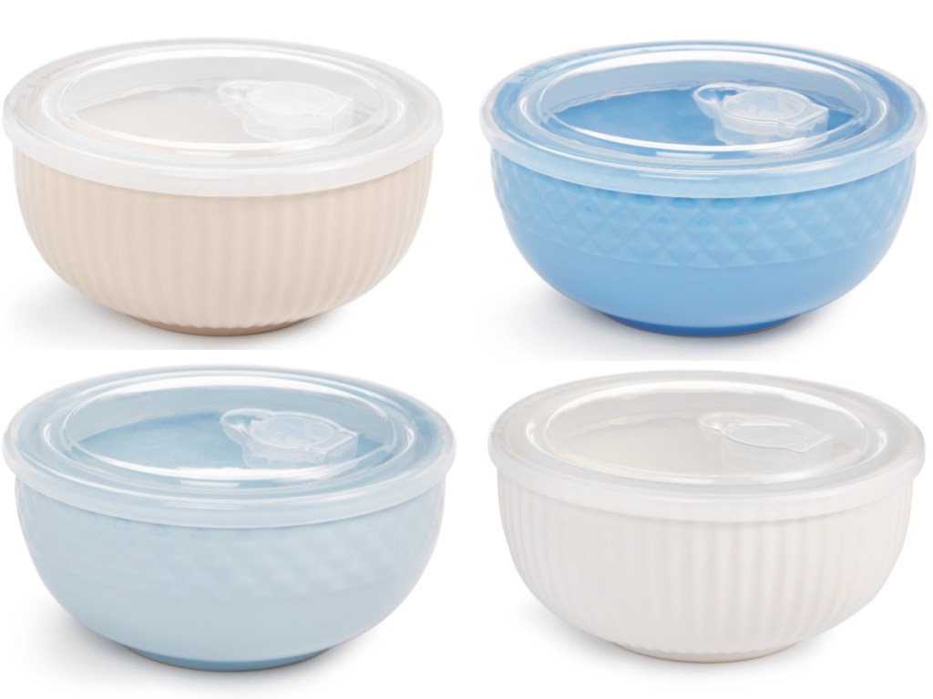 white, blue, and cream ceramic bowls with lids