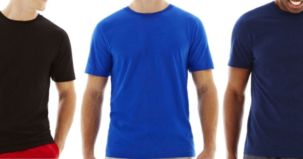 three men's torsos wearing cotton crew neck t-shirts 