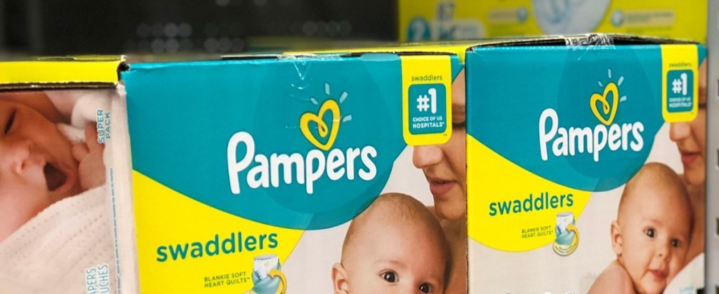 boxes of diapers on a shelf