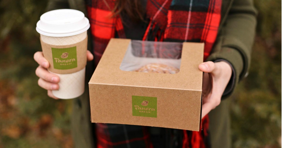 Woman holding Panera Bread Coffee and Takeout